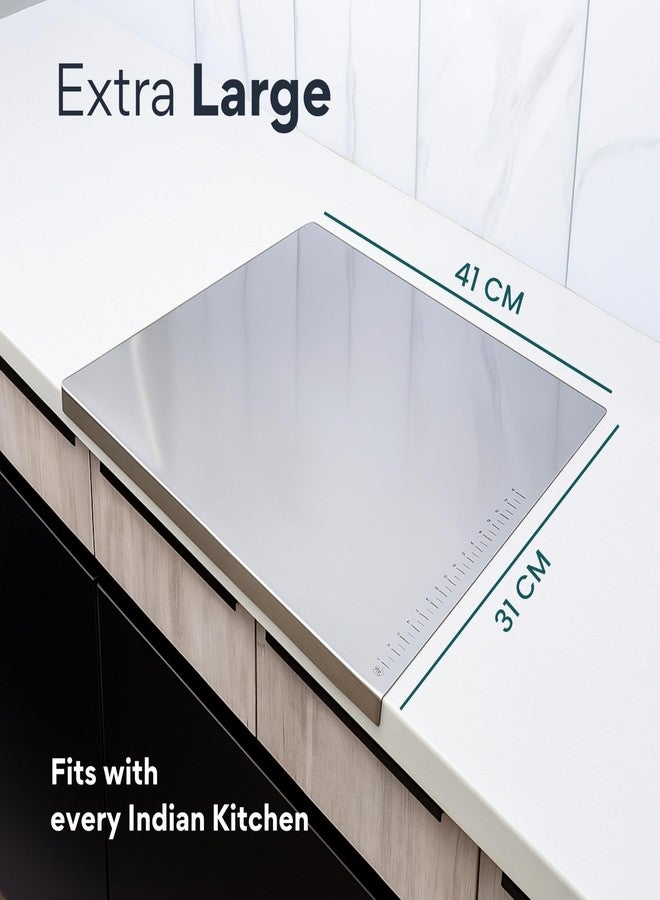 Tivora 304 Stainless Steel Chopping Board with Lip for Kitchen | for Cutting Vegetables, Meat, Fish, Fruits | Reversible | Easy to Wash | Food Grade Steel | Medium | 41 x 31 cm - Image 2